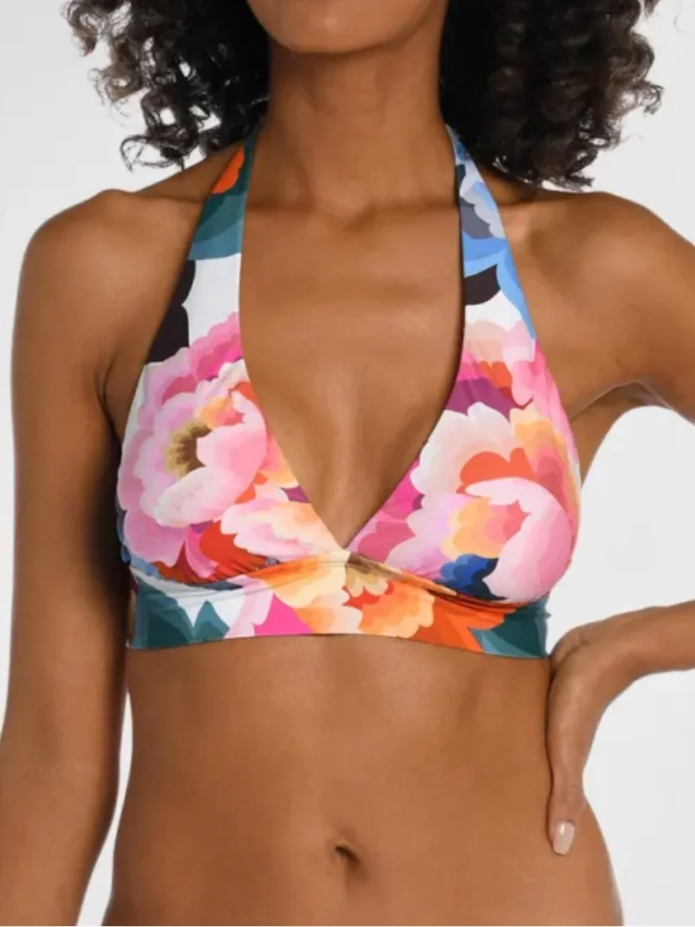 NWT La Blanca Multicolor Floral Halter Bikini Top in Pink, Orange & Blue